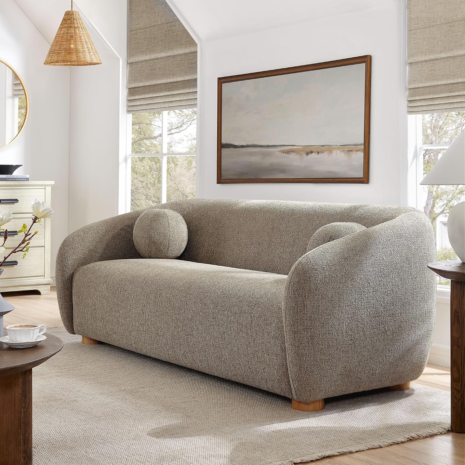 West Elm Mid-Century Sofa, 86 Inch, Performance Fabric, Neutral weave, Hardwood detail