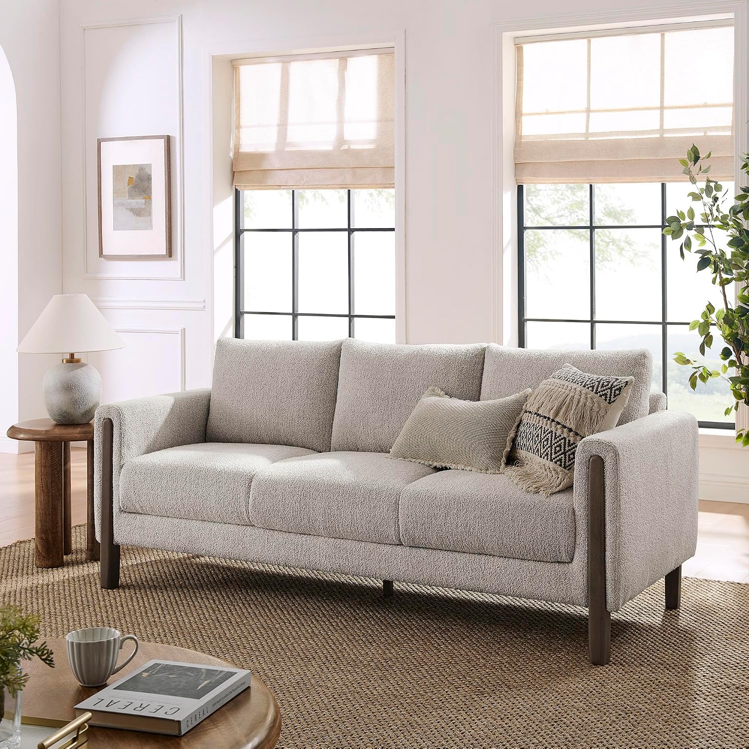 West Elm Mid-Century Sofa, 86 Inch, Performance Fabric, Neutral weave, Hardwood detail