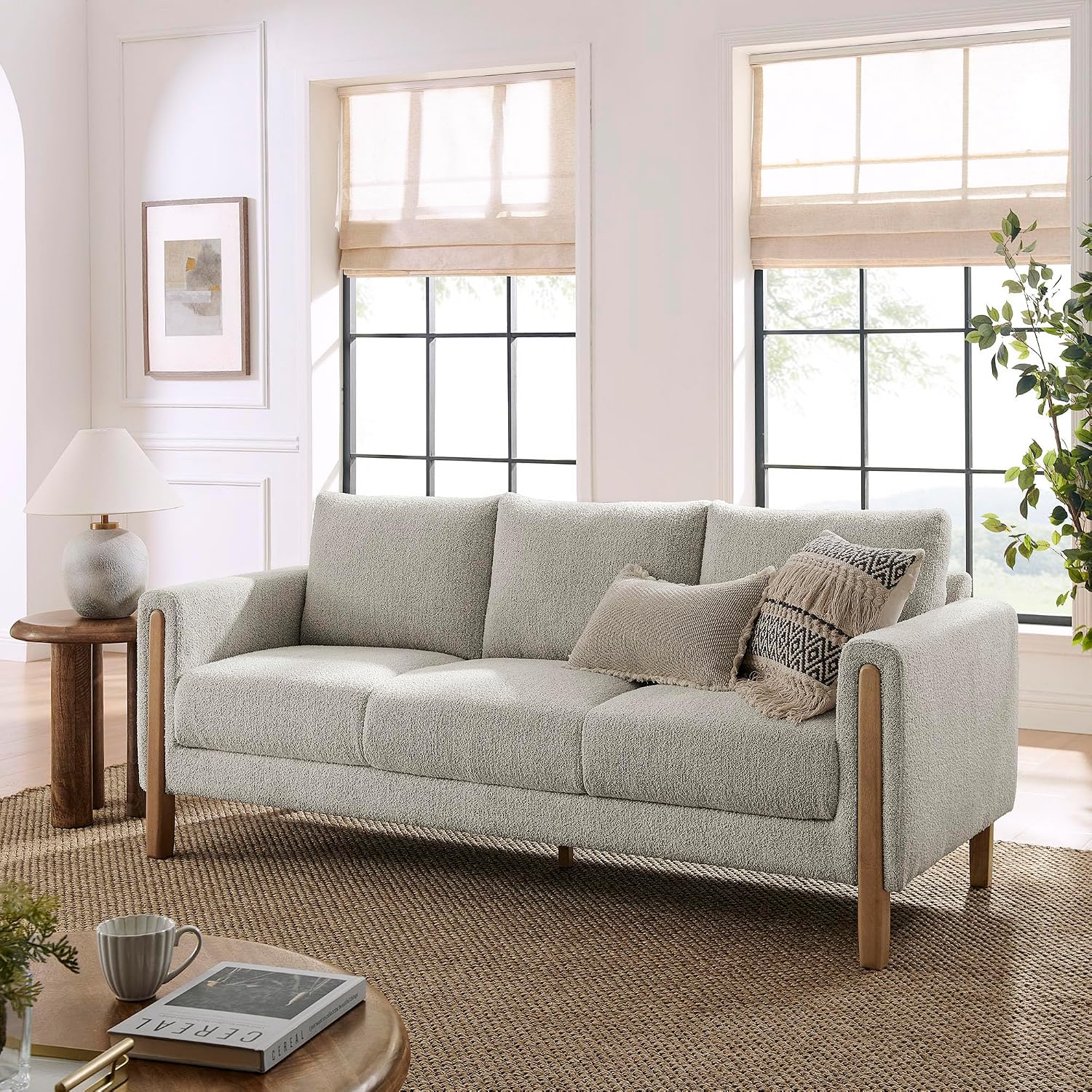 West Elm Mid-Century Sofa, 86 Inch, Performance Fabric, Neutral weave, Hardwood detail